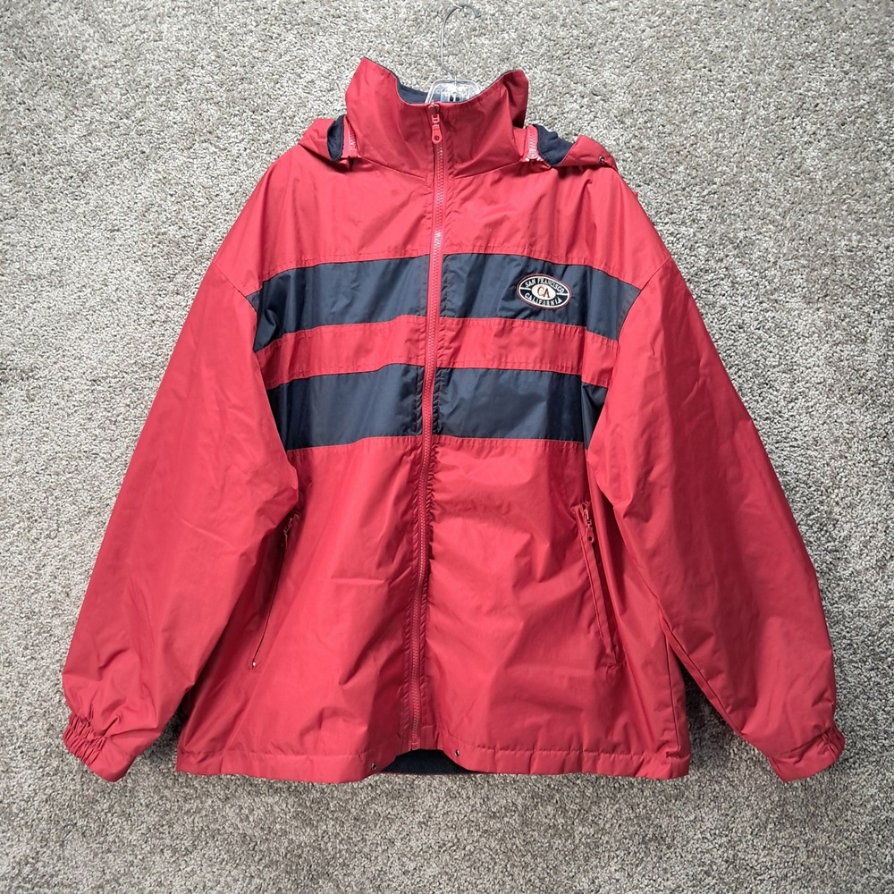 SF City Wear‎ San Francisco Reversible Hooded Jacket Red Navy Blue Fleece Mens L